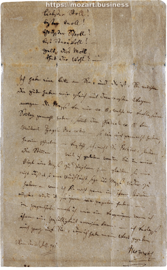 Letter by Wolfgang Amadé Mozart to Anton Stoll